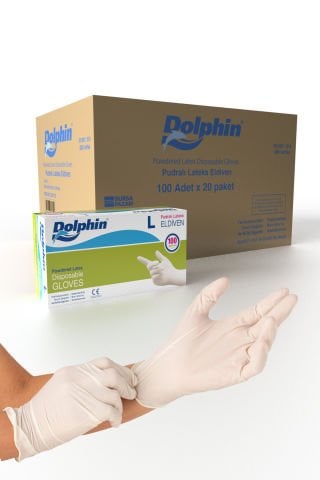 Dolphin Beyaz Lateks Eldiven Pudralı L 100 Adet x 20 Paket - Koli