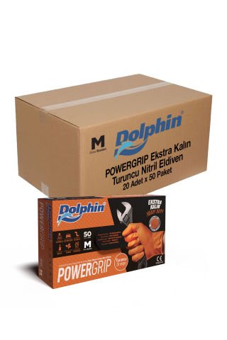 Dolphin PowerGrip Ekstra Kalın Turuncu Nitril Eldiven Elmas Dokulu M 50 Adet x 20 Paket - Koli