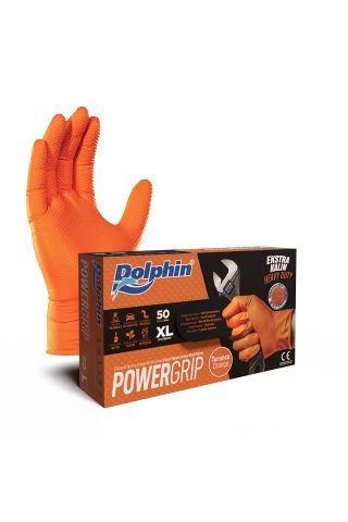 Dolphin PowerGrip Ekstra Kalın Turuncu Nitril Eldiven Elmas Dokulu M 50 Adet x 20 Paket - Koli