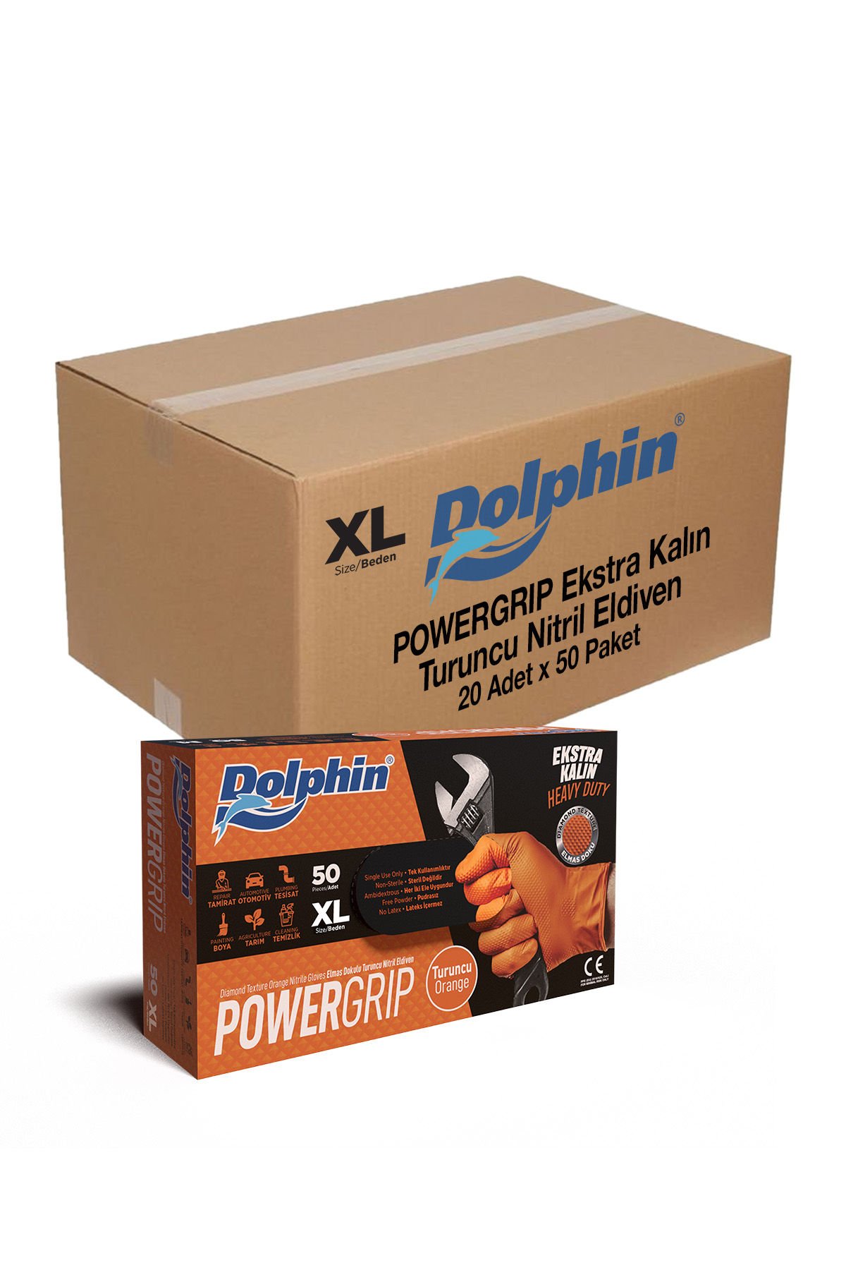 Dolphin PowerGrip Ekstra Kalın Turuncu Nitril Eldiven Elmas Dokulu XL 50 Adet x 20 Paket - Koli