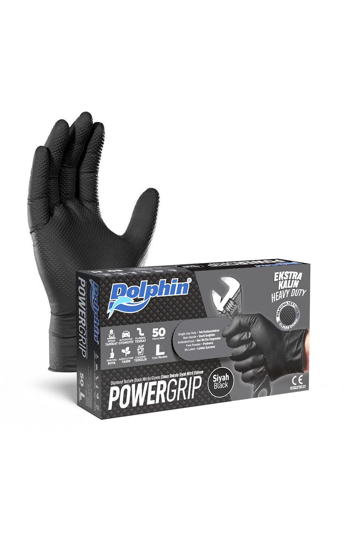 Dolphin PowerGrip Ekstra Kalın Siyah Nitril Eldiven Elmas Dokulu L 50 Adet