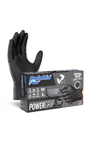 Dolphin PowerGrip Ekstra Kalın Siyah Nitril Eldiven Elmas Dokulu L 50 Adet