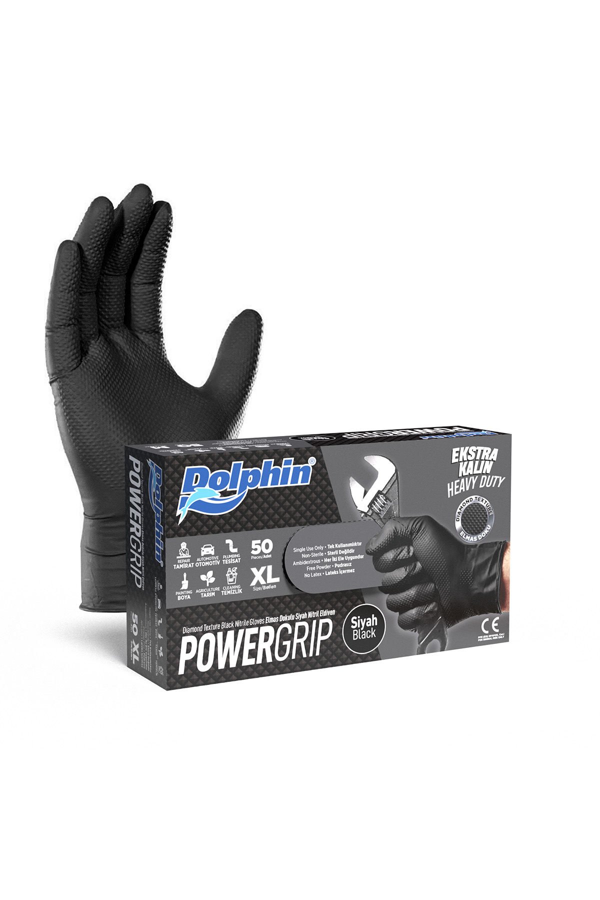 Dolphin PowerGrip Ekstra Kalın Siyah Nitril Eldiven Elmas Dokulu XL 50 Adet