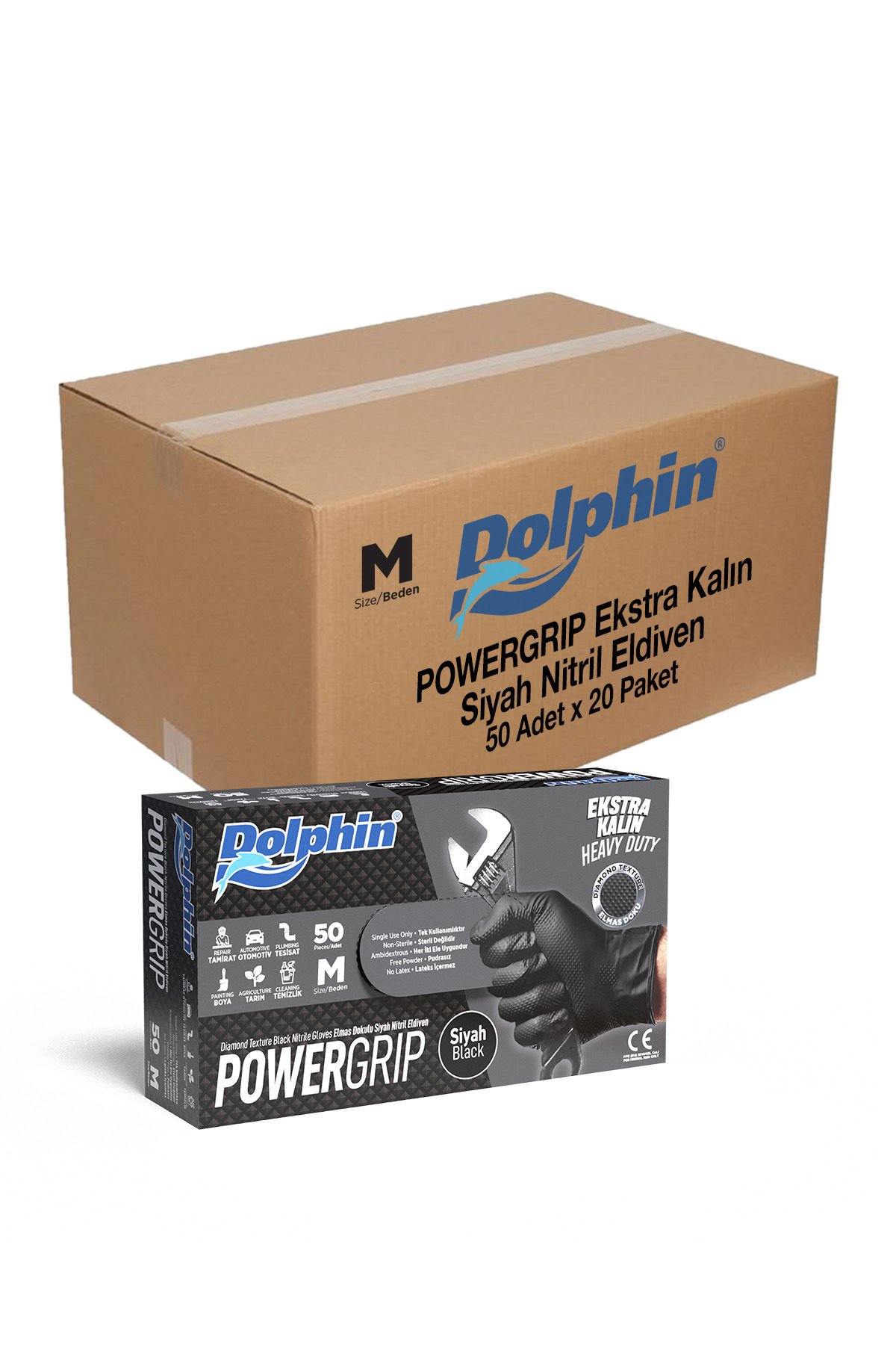 Dolphin PowerGrip Ekstra Kalın Siyah Nitril Eldiven Elmas Dokulu M 50 Adet x 20 Paket - Koli