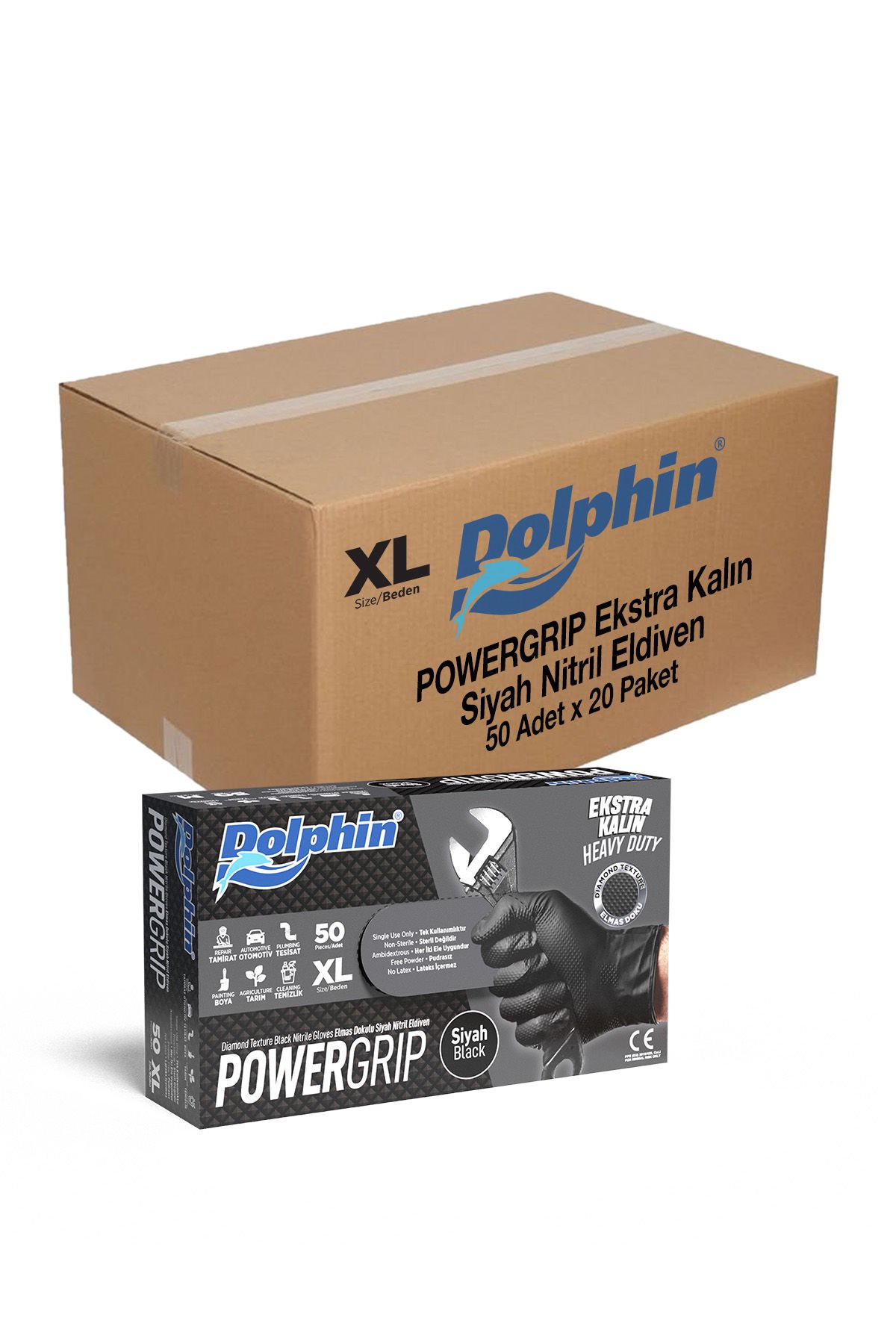 Dolphin PowerGrip Ekstra Kalın Siyah Nitril Eldiven Elmas Dokulu XL 50 Adet x 20 Paket - Koli