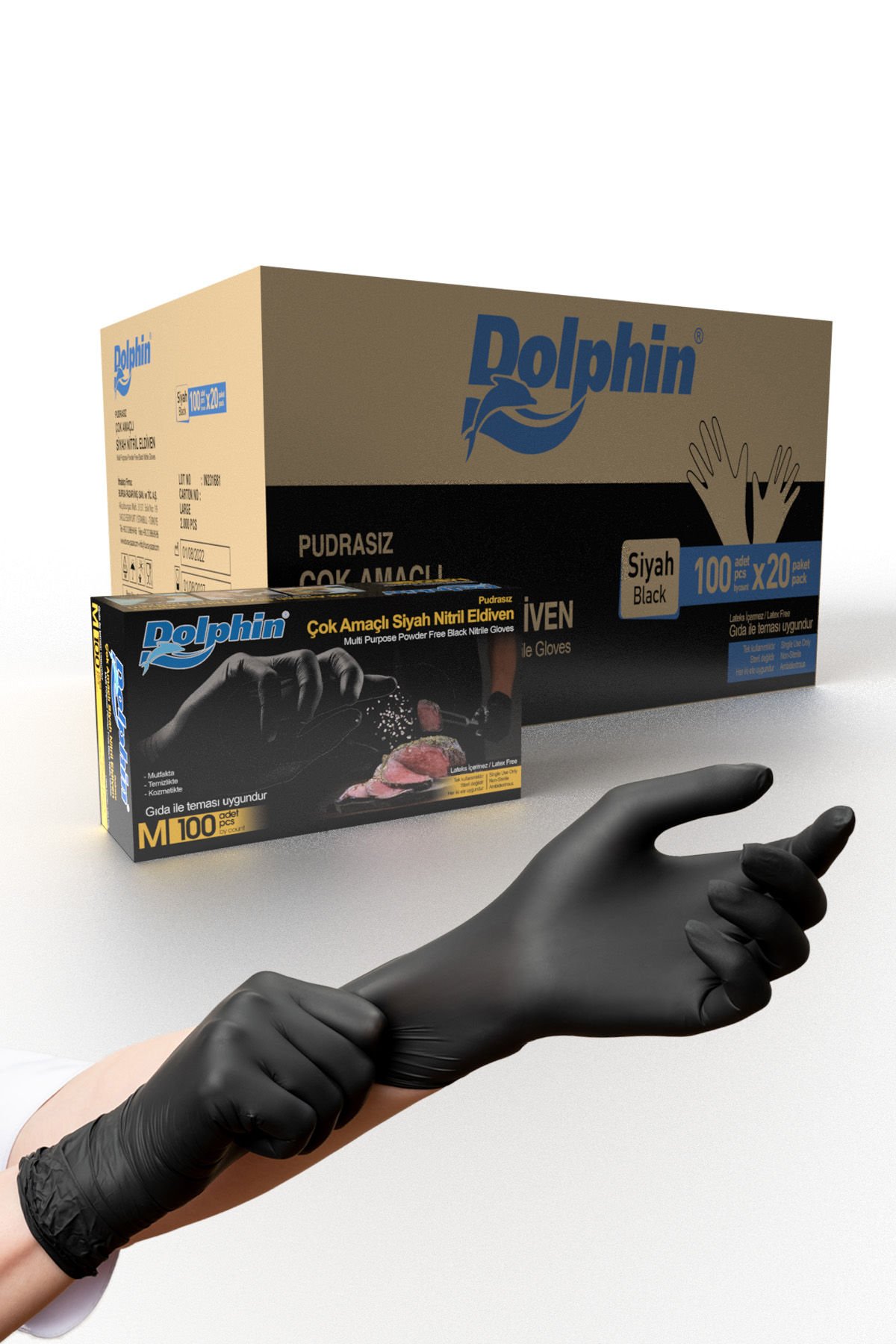 Dolphin Çok Amaçlı Siyah Nitril Eldiven M 100 Adet x 20 Paket - Koli