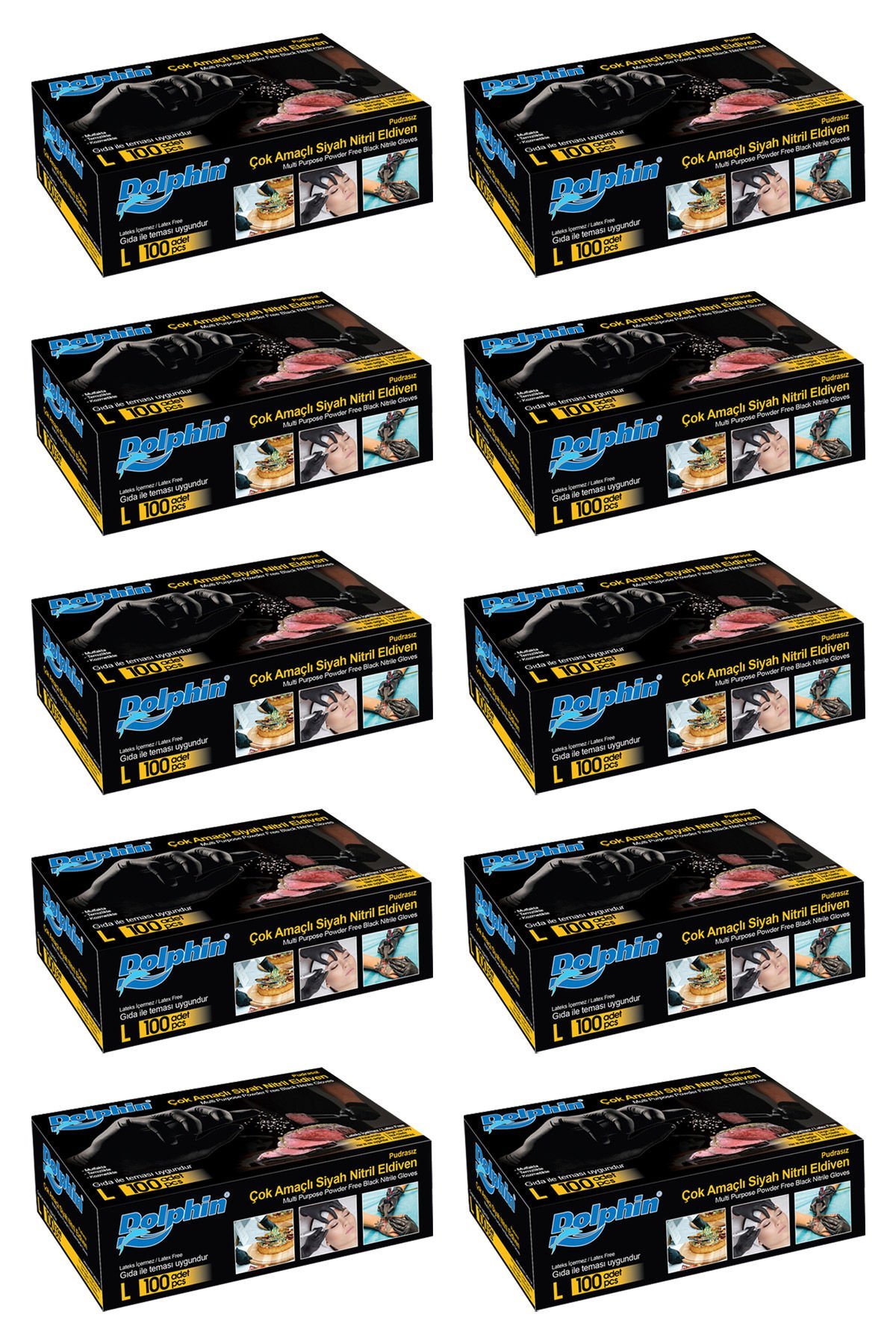 Dolphin Çok Amaçlı Siyah Nitril Eldiven L 100 Adet x 10 Paket