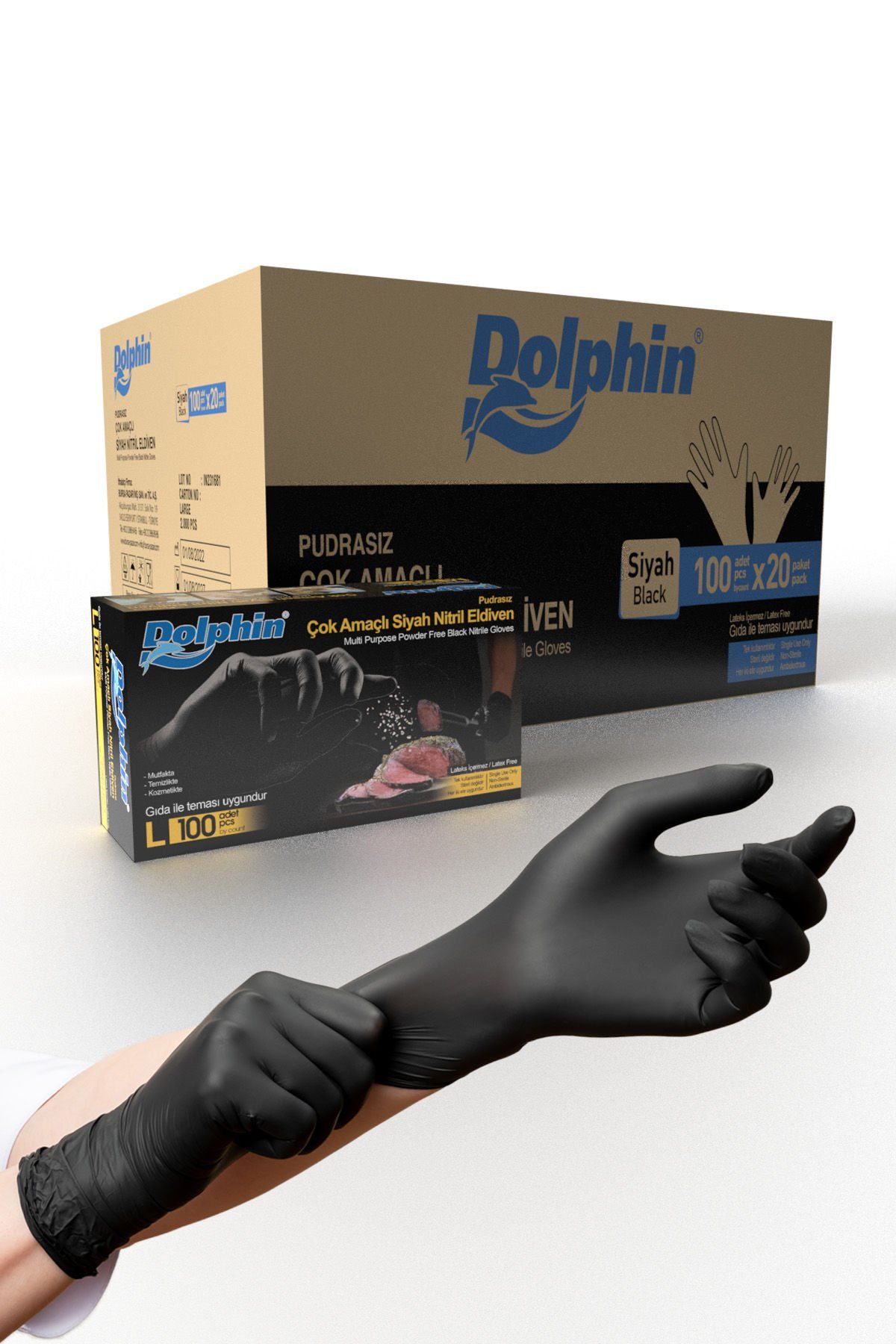 Dolphin Çok Amaçlı Siyah Nitril Eldiven L 100 Adet