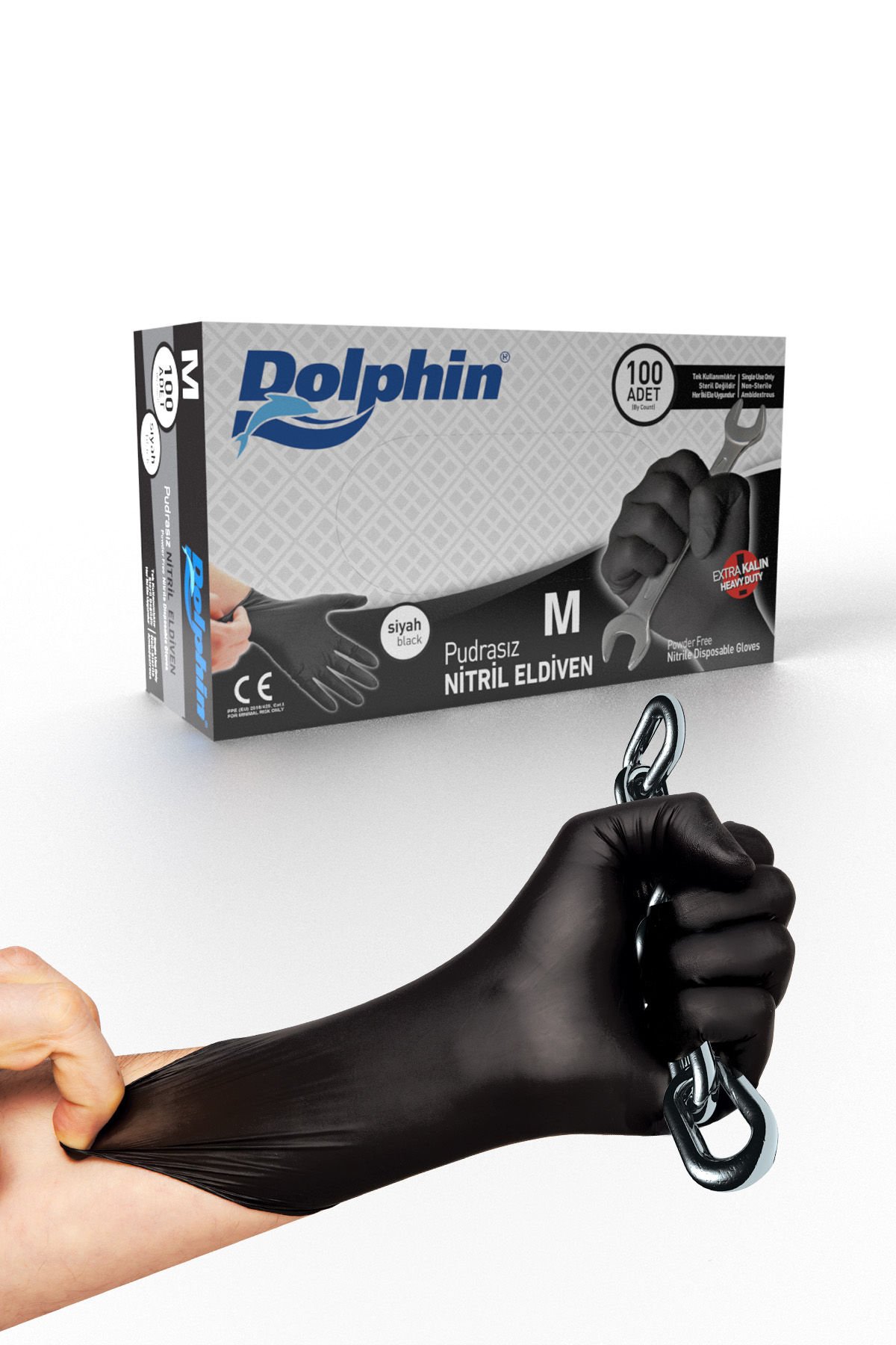 Dolphin Siyah Nitril Eldiven Pudrasız Ekstra Kalın M 100 Adet