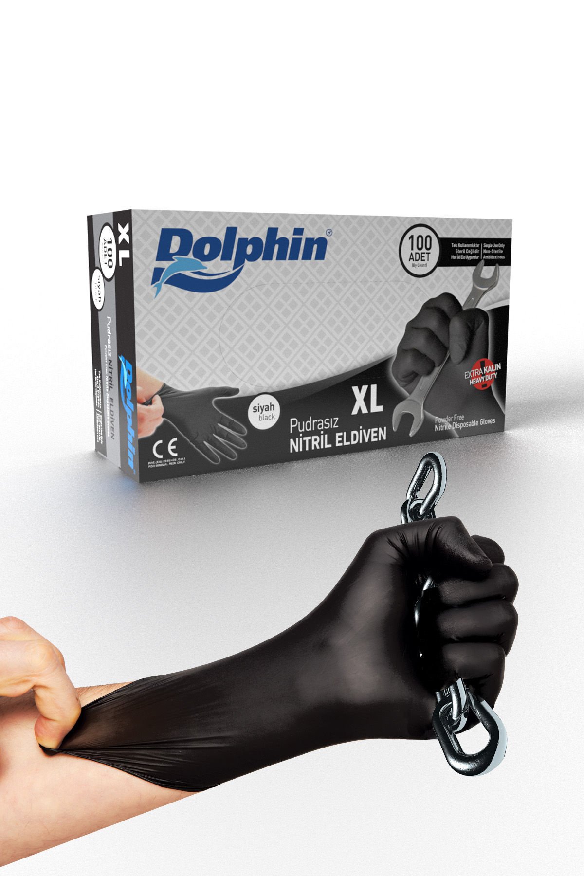 Dolphin Siyah Nitril Eldiven Pudrasız Ekstra Kalın XL 100 Adet